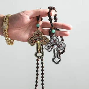 Vintage Orthodox Religious Cross Pendant Bead Necklace Retro Style Box Rope Chain Clothing Accessory for Fashion Sweaters