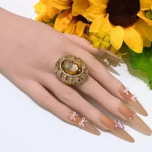 Vintage Oval Citrine Halo Cocktail Ring Gold Plated Full Paved Crystal Statement Ring Big Gemstone Party Jewelry Gift