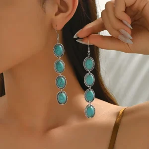 Vintage Oval Gemstone Pendant Earrings Zinc Alloy Turquoise Stone Long Dangle Waterproof Earrings for Women Gift Jewelry