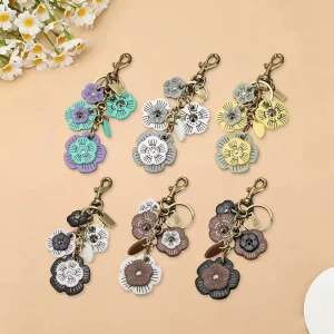 Vintage PU Leather Flower Keychain Floral Bag Charm