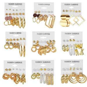 Vintage Pearl Card Package Alloy Square Geometric Gold Plated Metal Hollow Drop Earrings for Women