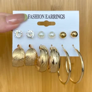Vintage Pearl Earrings Set Metal Gold Color Dangle Earrings Butterfly Hoop Earrings Geometric Fashion Jewelry