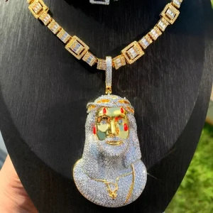 Vintage Portrait Pendant Necklace Brass Copper CZ Enamel Hip Hop Jewelry for Men