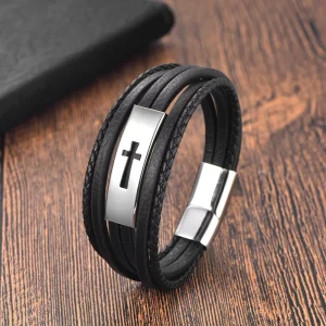 Vintage Punk Style Multi Layer Stainless Steel Leather for Bracelet Cross Fashion Charm Custom Leather Bracelet