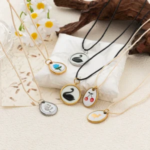 Vintage Rabbit & Floral Print Stainless Steel Pendant Necklace