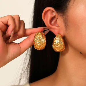 Vintage Real Gold Plated Brass Curved Moon Surface Bump Earrings Thick Wide Exaggerated Daily Fashion Drop Earrings