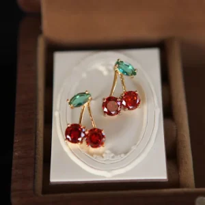 Vintage Red Cherry Crystal Stud Earrings for Women Alloy Piercing Jewelry for Party Prom Birthday or Wedding