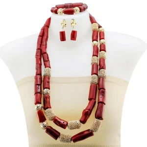 Vintage Red Coral Tone Jewelry Set Gold Plated Hollow Design Necklace Earrings Bracelet Suitable for Bride Gift YL236