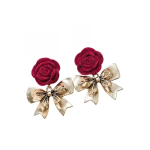 Vintage Red Plush Stud Earrings with Crystal and Rhinestone Alloy Material Rose Bow Design