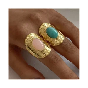 Vintage Rings Oval Gemstone Stone Rings Stainless Steel Waterproof Opening Fashion Rings