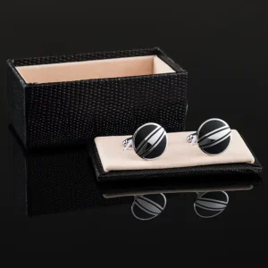 Vintage Round Metal Black Enamel Stripes Men Cufflinks