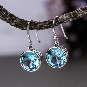 Vintage Round Shaped Bezel Set Filigree Design Blue Sparkling Zircon Dangle Earrings Women Men Fashion Jewelry Earrings
