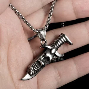 Vintage Silver Dagger Necklace with Skull Stainless Steel Box Chain Mens Fashion Alloy Jewelry Wedding Gift for Boys