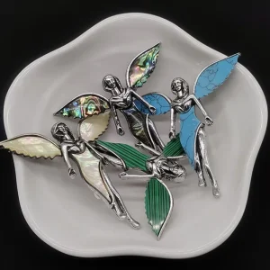 Vintage Silver Tone Shell Guardian Angel Brooch & Pendant Wedding Bouquet Lapel Pin