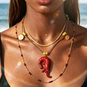 Vintage Stacked Multilayer Necklace with Red Shrimp Design, Colorful Beads, and Sunflower