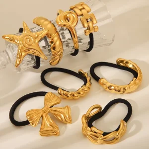Vintage Stainless Steel 18K Gold Plated Punky Hammered Curved Bow Five Pointed Star Hollow Pattern Hair Rope Hair Ties