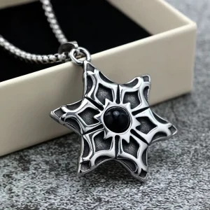 Vintage Stainless Steel Black Gemstone Hexagram Pendant Necklace for Men Gothic Jewelry Bulk Supply