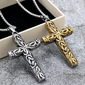 Vintage Stainless Steel Carved Cross Pendant Necklace for Men Retro Engraved Jewelry Bulk Factory Supply