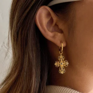 Vintage Stainless Steel Cross Stud Earrings Electroplated Fadeless Cross-border Women’s