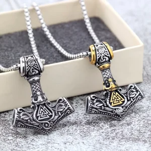 Vintage Stainless Steel Double Sided Thor Hammer Pendant Necklace for Men Women Viking Norse Jewelry Bulk