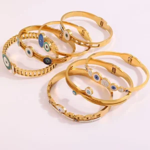 Vintage Stainless Steel Gold Color Eye Star Bangle With Zircon Personalized Waterproof Jewelry Bangle