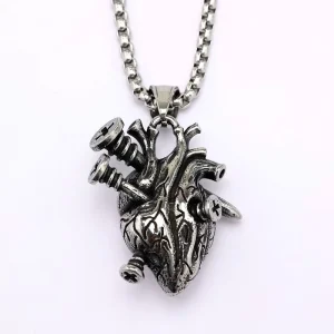 Vintage Stainless Steel Gothic Screw Heart Pendant Necklace for Men Punk Streetwear Jewelry Bulk Supply