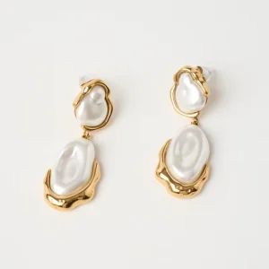 Vintage Stainless Steel Jewelry 18K Gold Plated Irregular Baroque Pearl Drop Earrings