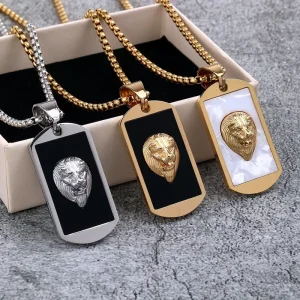 Vintage Stainless Steel Lion Square Pendant Necklace for Men Women Streetwear Jewelry Bulk Supply