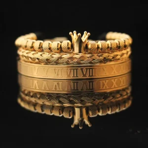 Vintage Stainless Steel Silver Plated Bracelet Set Diamond Letter Crown Unisex Fashionable Anniversary Bangles