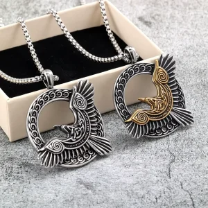 Vintage Stainless Steel Viking Raven Celtic Knot Pendant Necklace Single Sided Unisex Norse Jewelry