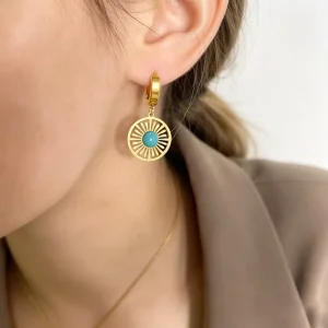 Vintage Stainless Steel Waterproof Hollow Pattern Jewelry Natural Stone Pendant Earrings for Women Factory