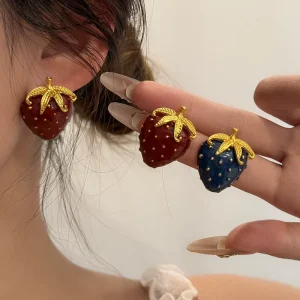 Vintage Strawberry Drop Oil Stud Earrings In Plating Silver Needles With Red And Blue Dual Color Design For Elegant Women