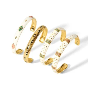 Vintage Style 18K Gold Plated Enamel Bangles Stainless Steel Cubic Zirconia Cuff Bracelets for Women