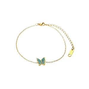 Vintage Style Fashion Jewelry Stainless Steel Minimalist Girls Accessories Green Zircon Butterfly Pendant Charm Bracelet Femme