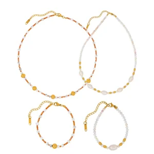 Vintage Style Handmade Beaded Jewelry 18K Gold Plated Stainless Steel Titanium Waterproof Pearl Necklace Bracelet Pendant