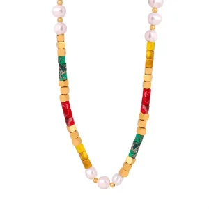 Vintage Style Light Luxury Handcrafted Beaded Pearl Necklace Featuring Cubic Natural Stones and Gold Plated Stainless Steel