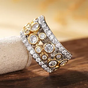 Vintage Style Multi Layers Hollow Design Round Shiny Zircon Two Tone Plated Rings for Women Fashion Party Jewelry Rings