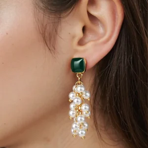 Vintage Style Pearl Earrings Green Enamel Square Stud Gold Chain Pearl Cluster Drop Dangle Women Fashion Jewelry