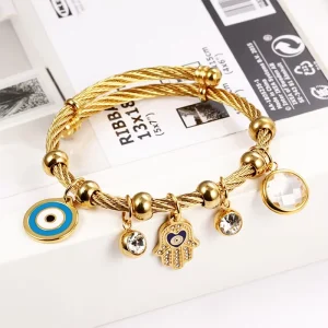 Vintage Style Women Jewelry Gift Accessories Bohemian Diamond Palm Eye Multi Pendant Gold Stainless Steel Bracelet Woman