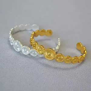 Vintage Sunflower Brass Bangle Factory Silver 18K Gold Plated Simple Adjustable Unisex