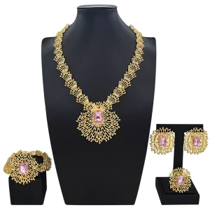 Vintage Sunflower Gold Plated Jewelry Set Emerald Pink Stone Women Necklace Earrings Bracelet Ring for Banquet I0088