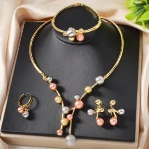 Vintage Sweater Bracelet Ring Beaded Earrings Square 14K Plated Gold Tricolor Alloy Jewelry Set for Saree Wedding Party