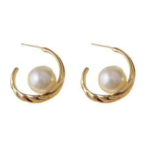 Vintage Temperament Cold Pearl Stainless Steel Hoop Earrings Retro French Spiral Crown Design Trendy Gold Plated for Daily Life