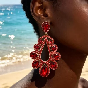 Vintage Textured Oval Gold Plated Drop Earrings Women Summer Beach Statement Black Crystal Diamond Earrings Jewelry