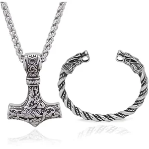 Vintage Thor’s Hammer Alloy Necklace Wolf Head European American Cross border Viking Set Men’s Accessory Bamboo