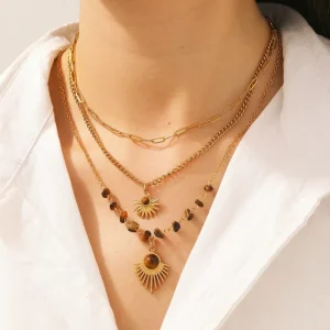 Vintage Tiger Eye Trendy Link Gold Plated Zircon Pave Setting Stainless Steel Pendant Necklace Women’s Unique Simple Layering