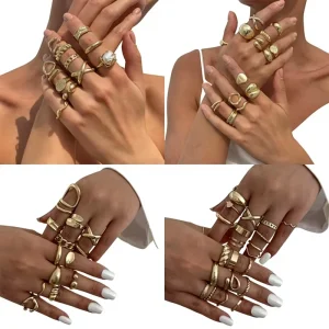 Vintage Trendy Women’s Fashion Rings Set Irregular Hollow Tiger Eye Stone Stackable Finger Ring Accessories