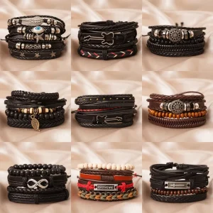 Vintage Tribal Multi layer Beaded PU Leather Bracelets Set Adjustable Woven Braided Bangles for Men Women Unisex Jewelry