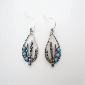 Vintage Turquoise BOHEMIA Geometric Alloy Drop Earrings Antique Silver Drop Jewelry Fashionable Vintage Style
