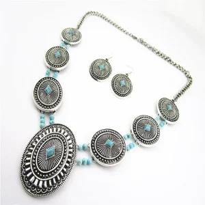 Vintage Turquoise Necklace Set Fashionable Zinc Alloy Jewelry Link Chain Import Accessories Turkey for Anniversary Occasions